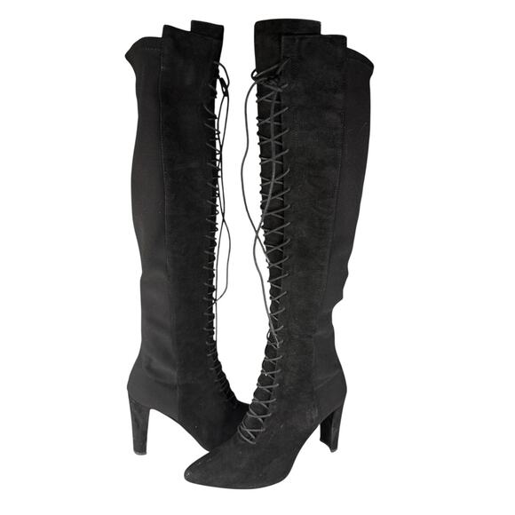 Stuart Weitzman Highstring Suede Lace Up Over Knee Boots Black 6M - Picture 4 of 12